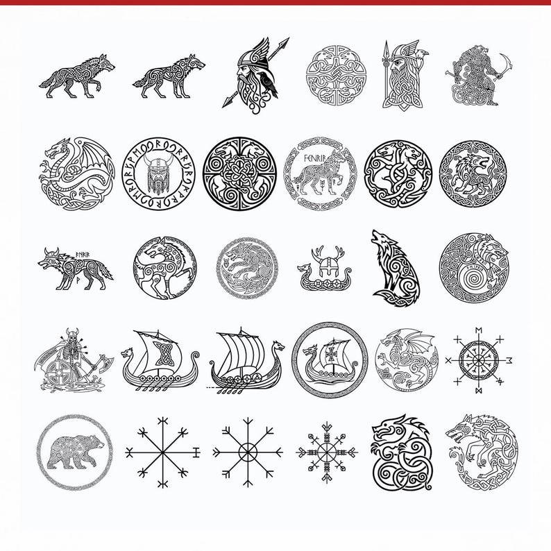 May include: A collection of black and white Viking-themed illustrations. The designs include wolves, dragons, Viking ships, and intricate knotwork patterns. The images are circular and linear, with a focus on Norse mythology and symbolism.