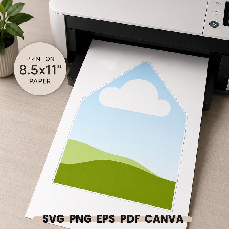 Op de afbeelding: Een wit vel papier uit een printer met een huisvormige afbeelding, een lichtblauwe lucht, een witte wolk en groene heuvels. De tekst PRINT ON 8.5x11" PAPER en SVG PNG EPS PDF CANVA is zichtbaar op de afbeelding.