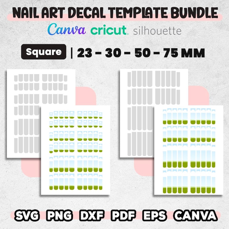 May include: Nail art decal template bundle with square designs. Includes sizes 23-30-50-75 mm. Compatible with Canva, Cricut, and Silhouette. Formats: SVG, PNG, DXF, PDF, EPS, and Canva.