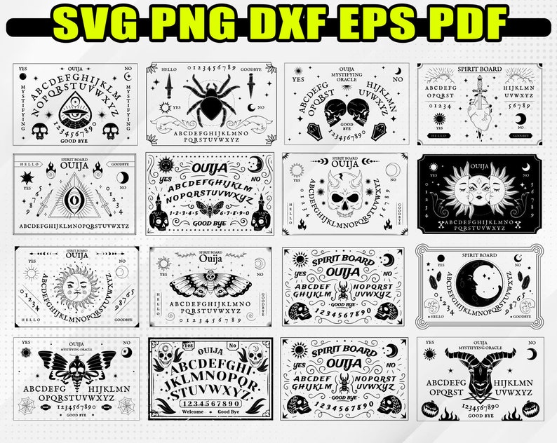 Puede incluir: Un conjunto de diez descargas digitales en blanco y negro de tableros de Ouija con varios dise&ntilde;os. Los dise&ntilde;os incluyen una ara&ntilde;a, calaveras, una luna creciente, un sol, un ojo, un diablo y una mariposa. Cada tablero incluye las letras del alfabeto, los n&uacute;meros y las palabras "s&iacute;", "no", "adi&oacute;s" y "hola".