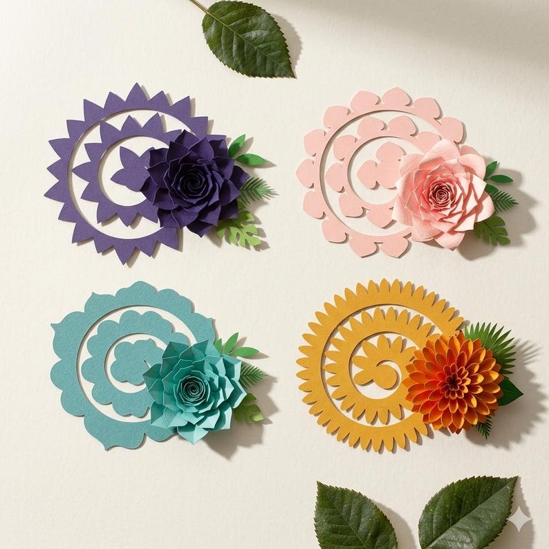 May include: Four colorful paper flower arrangements. Each arrangement features a central paper flower, such as a rose or dahlia, with green paper leaves. The arrangements are in shades of purple, pink, teal, and yellow, with a white background.