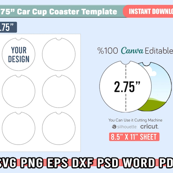 2.75" Car Coaster Template Svg, %100 Editable Canva Car Cup Coaster Template, Car Coaster Sublimation, Mochup, Instant Download