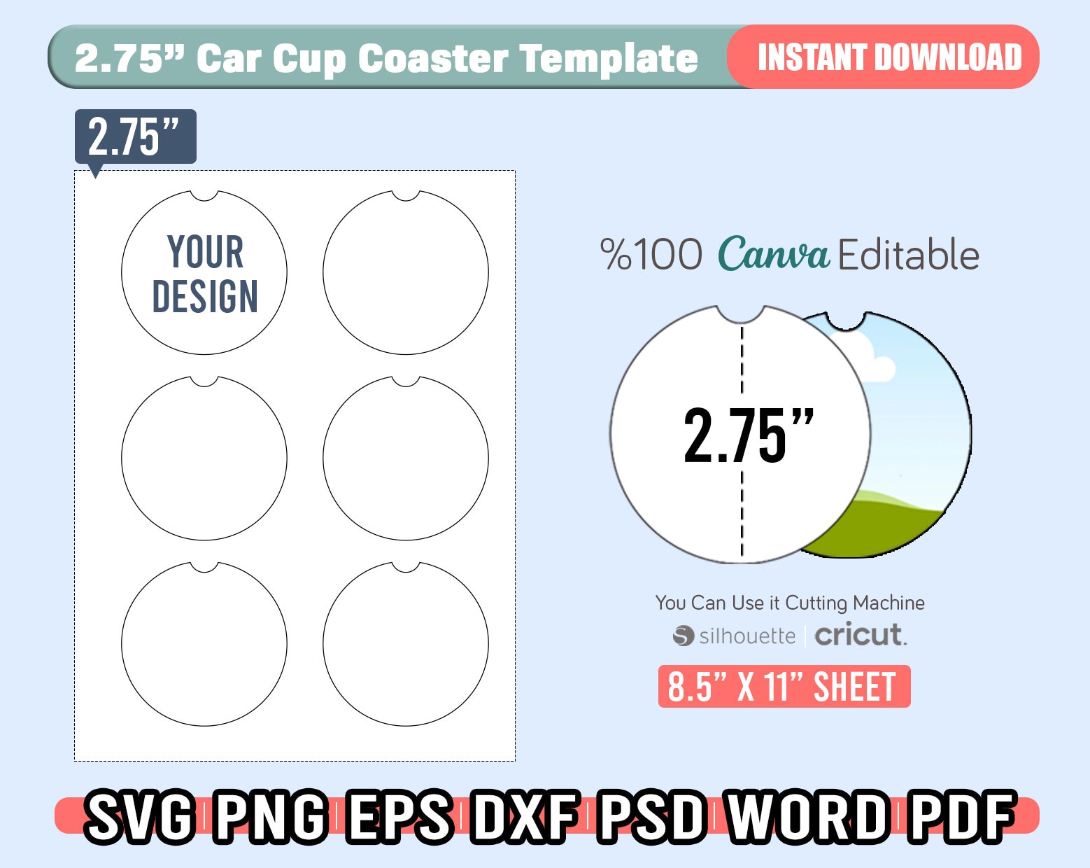 2.75 Car Coaster Template Svg, %100 Editable Canva Car Cup Coaster