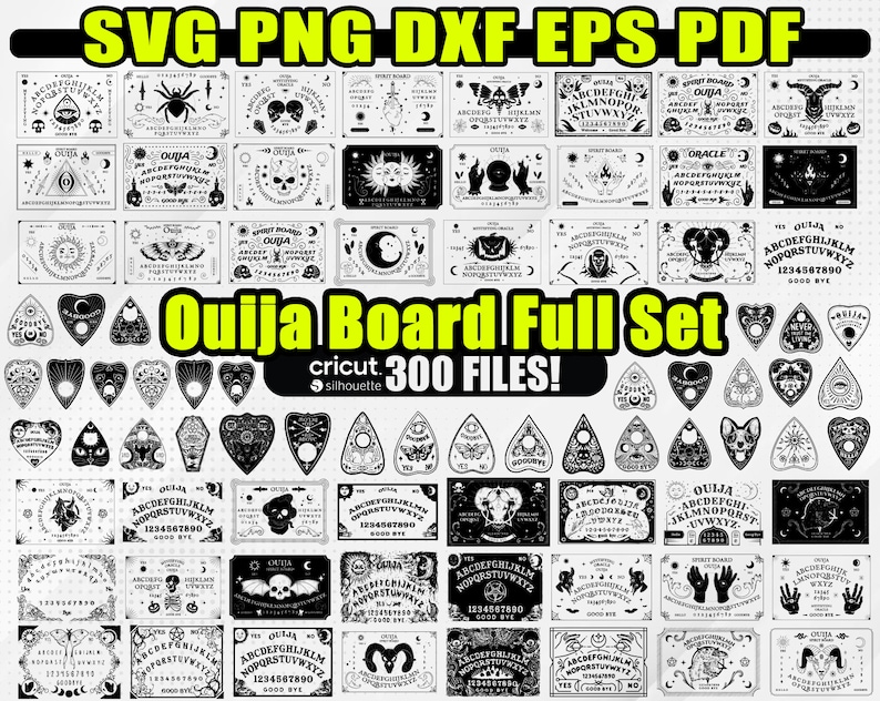 Puede incluir: Un conjunto de 300 archivos digitales para crear dise&ntilde;os de tableros de Ouija y planchette. Los archivos son compatibles con las m&aacute;quinas de corte Cricut y Silhouette. La imagen muestra una variedad de dise&ntilde;os, incluyendo tableros de Ouija tradicionales con letras y n&uacute;meros del alfabeto, as&iacute; como dise&ntilde;os m&aacute;s modernos con s&iacute;mbolos e ilustraciones.