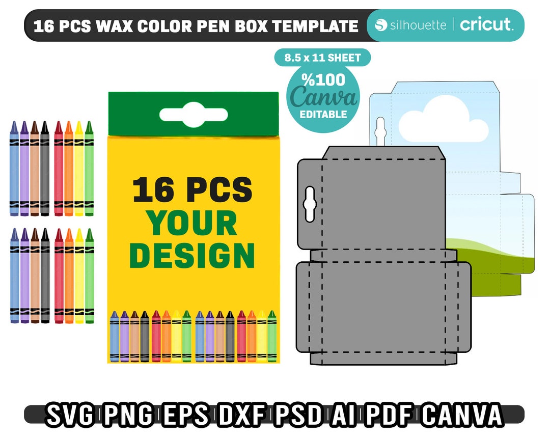 Crayon Box Svg Template, 16 Pcs Wax Color Pen Gift Box Template