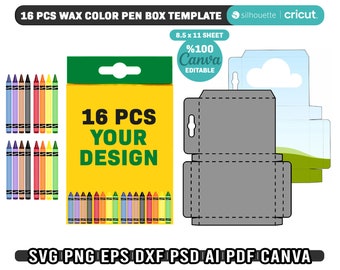 Plantilla Svg de caja de crayones, plantilla de caja de regalo de pluma de color de cera de 16 piezas, plantilla Canva editable, caja de crayones de cera Svg, Png, Dxf, descarga instantánea