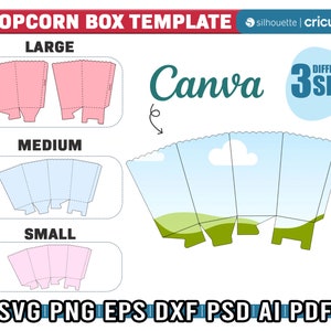 May include: A printable template for creating popcorn boxes in three sizes: large, medium, and small. The template includes a design with a blue sky, white clouds, and green grass. The text "Canva" and "3 DIFFERENT SIZE" is also included.