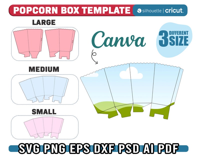 May include: A printable template for creating popcorn boxes in three sizes: large, medium, and small. The template includes a design with a blue sky, white clouds, and green grass. The text "Canva" and "3 DIFFERENT SIZE" is also included.