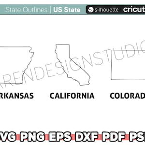 May include: Outline maps of the states of Arkansas, California, and Colorado. The maps are black and white and are in a simple, minimalist style.