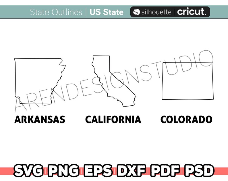 May include: Outline maps of the states of Arkansas, California, and Colorado. The maps are black and white and are in a simple, minimalist style.