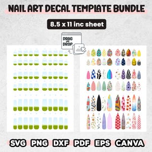 May include: Nail art decal template bundle on an 8.5 x 11 inch sheet. The image shows various nail art designs, including floral, geometric, and abstract patterns. The designs are in SVG, PNG, DXF, PDF, EPS, and Canva formats.