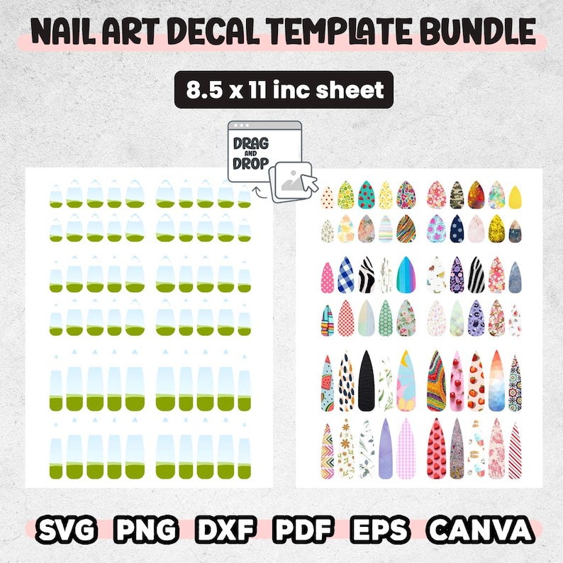 May include: Nail art decal template bundle on an 8.5 x 11 inch sheet. The image shows various nail art designs, including floral, geometric, and abstract patterns. The designs are in SVG, PNG, DXF, PDF, EPS, and Canva formats.