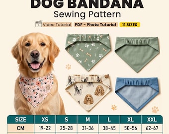 Easy Dog Bandana Sewing Pattern, 11 Sizes XS-XXL,  DIY Reversible Scrunchie Elastic Pet Bandana, Dog Bandana Video Tutorial, Instant