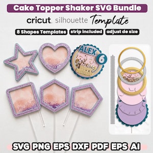 May include: A collection of cake topper shaker templates in various shapes, including a star, heart, and hexagon, with glitter accents and clear sticks. The design includes the text "Cake Topper Shaker SVG Bundle" and "cricut silhouette Template".