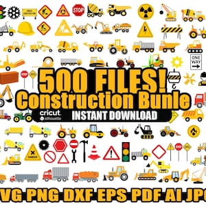 Könnte beinhalten: Ein digitaler Download von 500 Dateien zum Thema Bauwesen im SVG-, PNG-, DXF-, EPS-, PDF-, AI- und JPG-Format. Das Bild zeigt eine Vielzahl von Baumaschinen, Werkzeugen und Schildern in einem farbenfrohen Cartoon-Stil. Der Text "500 DATEIEN! Bau-Paket" ist in großen gelben Buchstaben dargestellt.