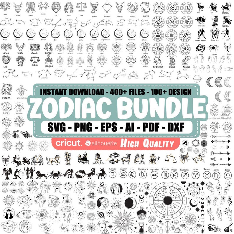 May include: A black and white digital download bundle of over 400 zodiac sign illustrations. The bundle includes SVG, PNG, EPS, AI, PDF, and DXF files. The text "INSTANT DOWNLOAD - 400+ FILES - 100+ DESIGN" is at the top of the image. The text "ZODIAC BUNDLE" is in a large font and is centered in the image. The text "SVG - PNG - EPS - AI - PDF - DXF" is below the "ZODIAC BUNDLE" text. The text "cricut silhouette HIGH QUALITY" is below the file types. The image includes a variety of zodiac signs, including Aries, Taurus, Gemini, Cancer, Leo, Virgo, Libra, Scorpio, Sagittarius, Capricorn, Aquarius, and Pisces.