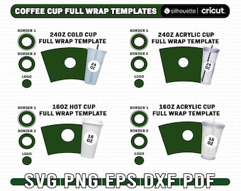 Plantilla SVG para vasos de 24 oz a 16 oz, plantilla para vaso de acrílico/frío de 24 oz con envoltura completa, plantilla para vaso de acrílico/caliente de 16 oz con envoltura completa, plantilla para vaso