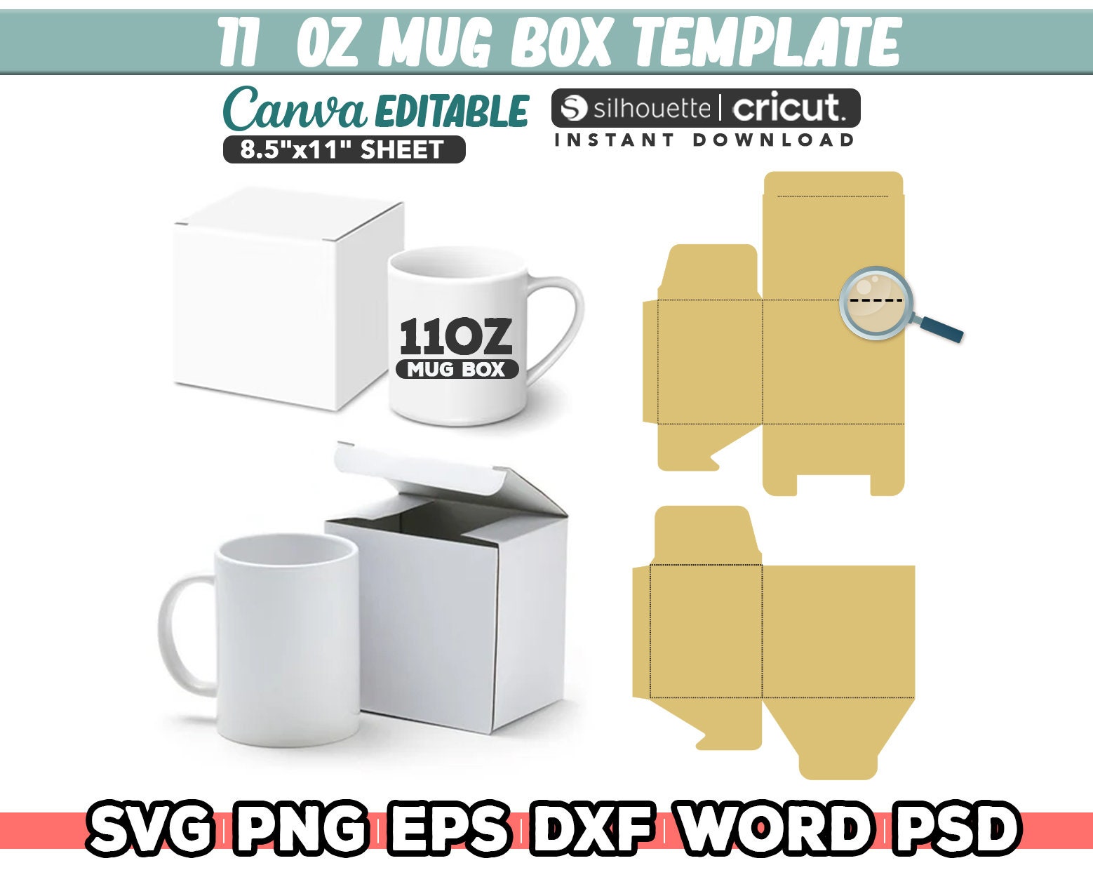 11oz Mug Box Template, Mux Box Svg, Cut Files, 11oz mug gift box svg, 11oz mug packaging, Svg for cricut, Mug laser cut, Instant Download