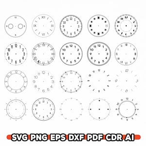 Pu&ograve; includere: Una collezione di quadranti di orologio in vari stili, inclusi numeri romani e arabi, in bianco e nero. L'immagine include il testo "SVG PNG EPS DXF PDF CDR AI".