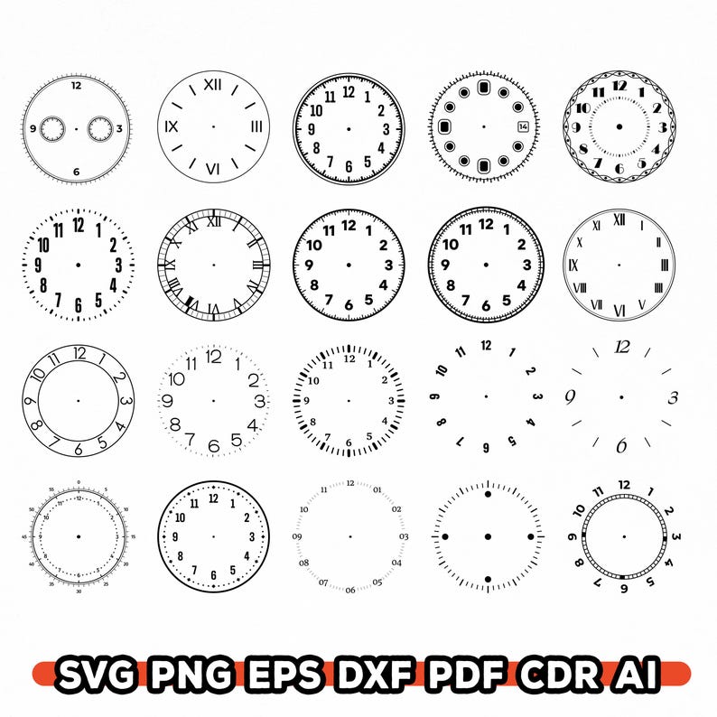 Pu&ograve; includere: Una collezione di quadranti di orologio in vari stili, inclusi numeri romani e arabi, in bianco e nero. L'immagine include il testo "SVG PNG EPS DXF PDF CDR AI".