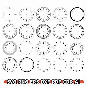 Pu&ograve; includere: Una collezione di quadranti di orologio in bianco e nero, con vari design che includono numeri romani e arabi. Alcuni quadranti hanno indicatori dei minuti, altri solo indicatori delle ore. L'immagine include anche opzioni di formato file.