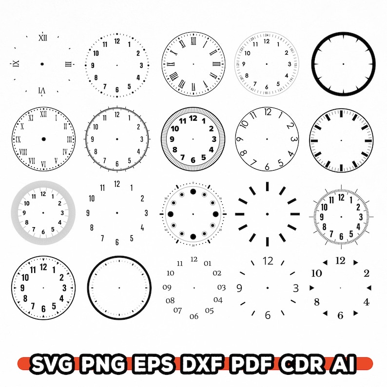 Pu&ograve; includere: Una collezione di quadranti di orologio in bianco e nero, con vari design che includono numeri romani e arabi. Alcuni quadranti hanno indicatori dei minuti, altri solo indicatori delle ore. L'immagine include anche opzioni di formato file.