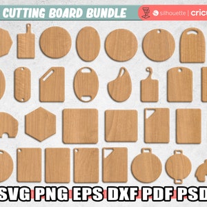 Puede incluir: Un paquete de 25 archivos de corte SVG para crear diferentes formas de tablas de cortar. Las formas incluyen círculos, óvalos, rectángulos, cuadrados, hexágonos y un pez. Los archivos son compatibles con las máquinas de corte Silhouette y Cricut. El texto "SVG PNG EPS DXF PDF PSD" está en la parte inferior de la imagen.