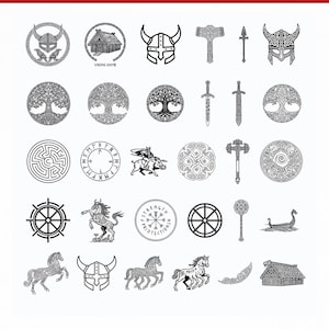 May include: A collection of black and white Viking-themed illustrations. The images include Viking helmets, axes, swords, tree of life symbols, horses, and a longboat. Some images have intricate knotwork designs and text that reads "VIKING HOME" and "STRENGTH PROTECTION".