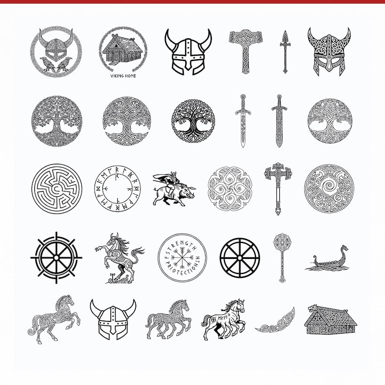 May include: A collection of black and white Viking-themed illustrations. The images include Viking helmets, axes, swords, tree of life symbols, horses, and a longboat. Some images have intricate knotwork designs and text that reads "VIKING HOME" and "STRENGTH PROTECTION".