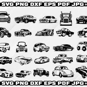 May include: A collection of 24 black and white car silhouette illustrations. The illustrations include a variety of car types, including trucks, sports cars, and classic cars. The illustrations are perfect for use in crafting projects, scrapbooking, or digital design.