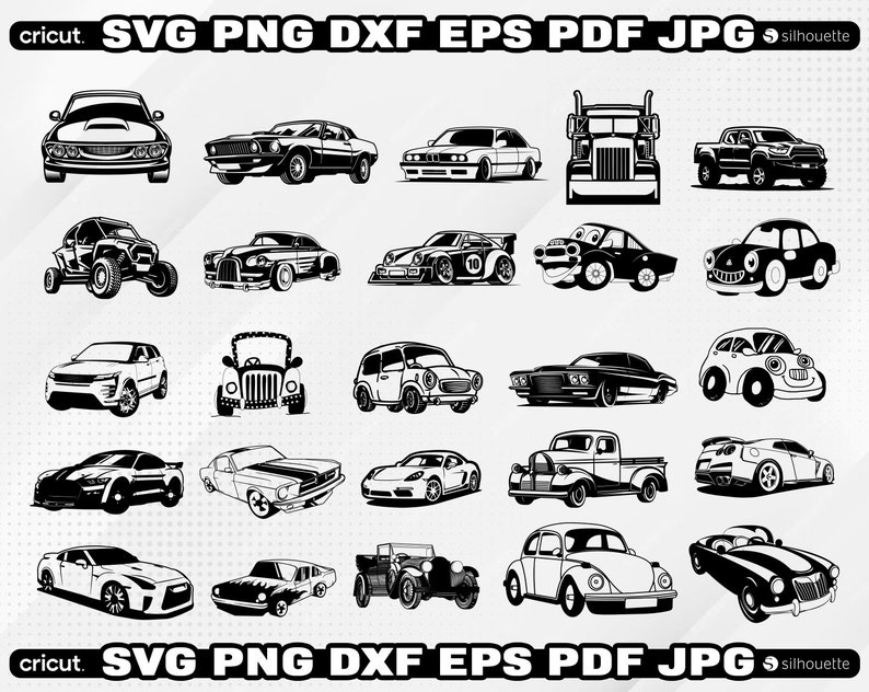 May include: A collection of 24 black and white car silhouette illustrations. The illustrations include a variety of car types, including trucks, sports cars, and classic cars. The illustrations are perfect for use in crafting projects, scrapbooking, or digital design.