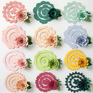 May include: A collection of colorful paper flowers in various shades, including pink, green, yellow, and blue. Each flower features a spiral design with a layered, three-dimensional effect, and is accompanied by green paper leaves. The flowers are arranged on a white background.