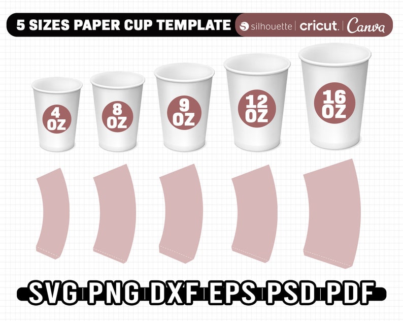 Paper Cup Wrapper Template Bundle, 5 Sizes Paper Cup Wrapper SVG, Paper Coffee Cup Template, 4oz 8oz 9oz 12oz 16oz Instant image 2
