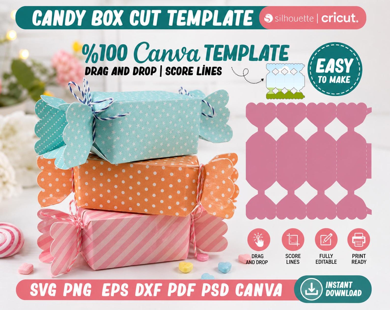 Candy Box Template Cut, Candy Shaped Box Svg, Candy Gift Box Template ...
