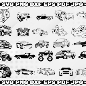May include: A collection of 25 black and white car silhouette illustrations. The illustrations include a variety of car types, including sports cars, trucks, SUVs, and classic cars.