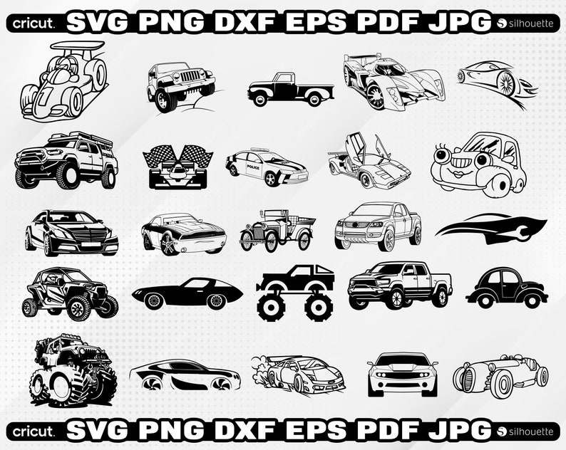 May include: A collection of 25 black and white car silhouette illustrations. The illustrations include a variety of car types, including sports cars, trucks, SUVs, and classic cars.