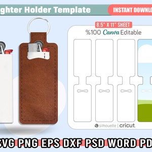 May include: A brown leather lighter holder with a silver key ring next to a white lighter. The image also shows a template for a lighter holder with the text "Lighter Holder Template" and "Instant Download". The template is 8.5" x 11" and 100% Canva Editable.