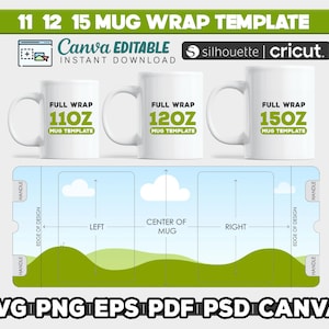 Bechervorlage Sublimationspaket, 11 oz - 12 oz - 15 oz Kaffeebechervorlage, bearbeitbare Canva, Becherverpackungsvorlage, Bechervorlage Sublimation