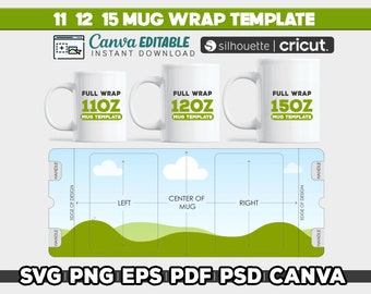 Puede incluir: Tres tazas blancas con un diseño verde que muestra el texto "Full Wrap" y el tamaño de la taza en onzas. Las tazas son de 11 oz, 12 oz y 15 oz. Un diagrama muestra la colocación del diseño en la taza.