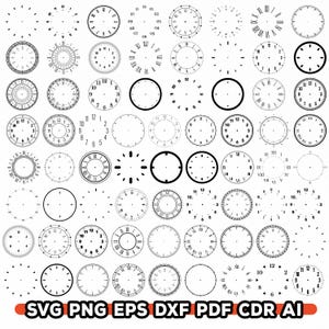 Pu&ograve; includere: Una collezione di quadranti di orologi in vari stili, tra cui numeri romani, numeri arabi e quadranti vuoti. L'immagine &egrave; in bianco e nero e include il testo "SVG PNG EPS DXF PDF CDR AI".