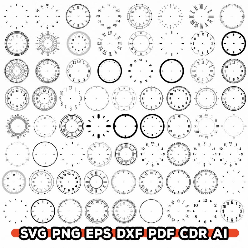 Pu&ograve; includere: Una collezione di quadranti di orologi in vari stili, tra cui numeri romani, numeri arabi e quadranti vuoti. L'immagine &egrave; in bianco e nero e include il testo "SVG PNG EPS DXF PDF CDR AI".