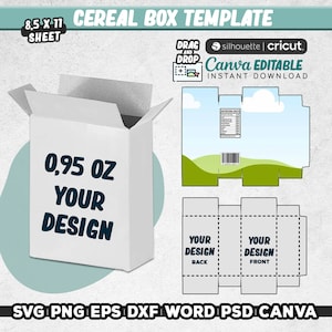 0.95 oz Cereal Box Template, Cereal Box Svg, Editable Canva, DIY Cereal Packaging Template, Favor Box, SVG, PNG, Eps, Dxf, Instant Download