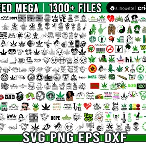 Puede incluir: Una descarga digital de más de 1300 archivos SVG, PNG, EPS y DXF con temática de la marihuana. La imagen muestra una variedad de diseños, incluyendo hojas, texto e ilustraciones. El texto incluye frases como "Love", "Dope", "420", "Weed", "Cannabis" y "High".