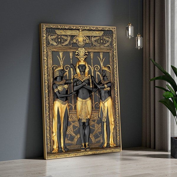 Impressions d'art égyptien antique noir et doré, affiches 3D, pharaon et ses jeunes filles, peinture murale sur toile pour images décoratives de chambre