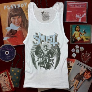 Ghost Band Graphic Tank Top – Alternative Rock Metal Women’s Ribbed Fitted Tank | Vintage Inspired | Magdala Saint Y2K Alt Style Band Tee