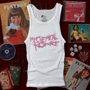My Chemical Romance Pink Graphic Tank Top | Pop Punk Ribbed Fitted Women&#39;s Tank | Vintage Inspired | Magdala Saint Y2K Alt Style Band Tee