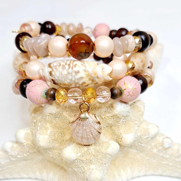 wrap BRACELET Gibbosa OLIVE SHELL seashell charm memory wire peach pink color sunstone wood beaded beachy jewelry bangle beach gift boho