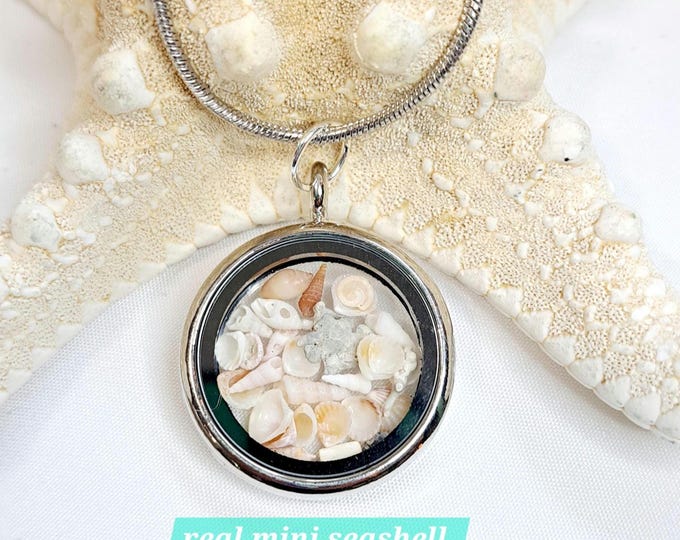 Real Mini SEASHELL Floating LOCKET NECKLACE Silver Chain Beachy Gift ...