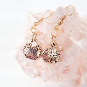 Gold Ocean Sand Dollar Pearl Earrings: Beachy Coastal Jewelry trend, summer earrings, women's gift
