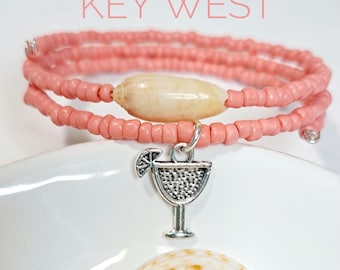 Dainty beach tropical drink charm bracelet coral beaded beach shell wrap, coastal boho style birthday gift for her vacation cruise jewelry